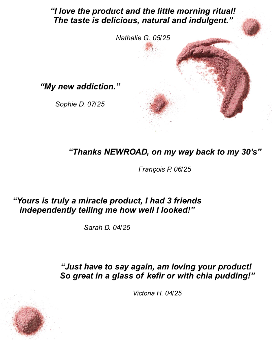 Product reviews with text and a small amount of product on a white background